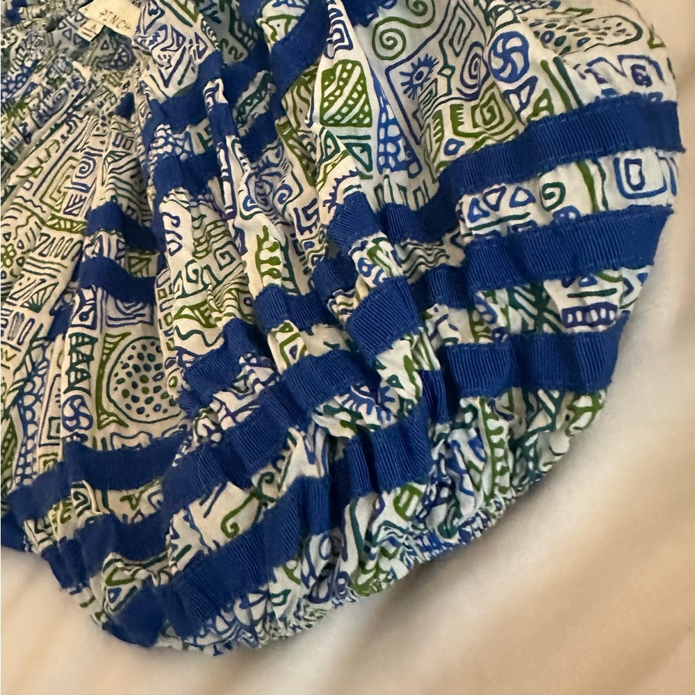 Pinch Tops Geometric Puff-Sleeve Peasant Top in Blue, White and Green- Size S - Picture 3 of 6